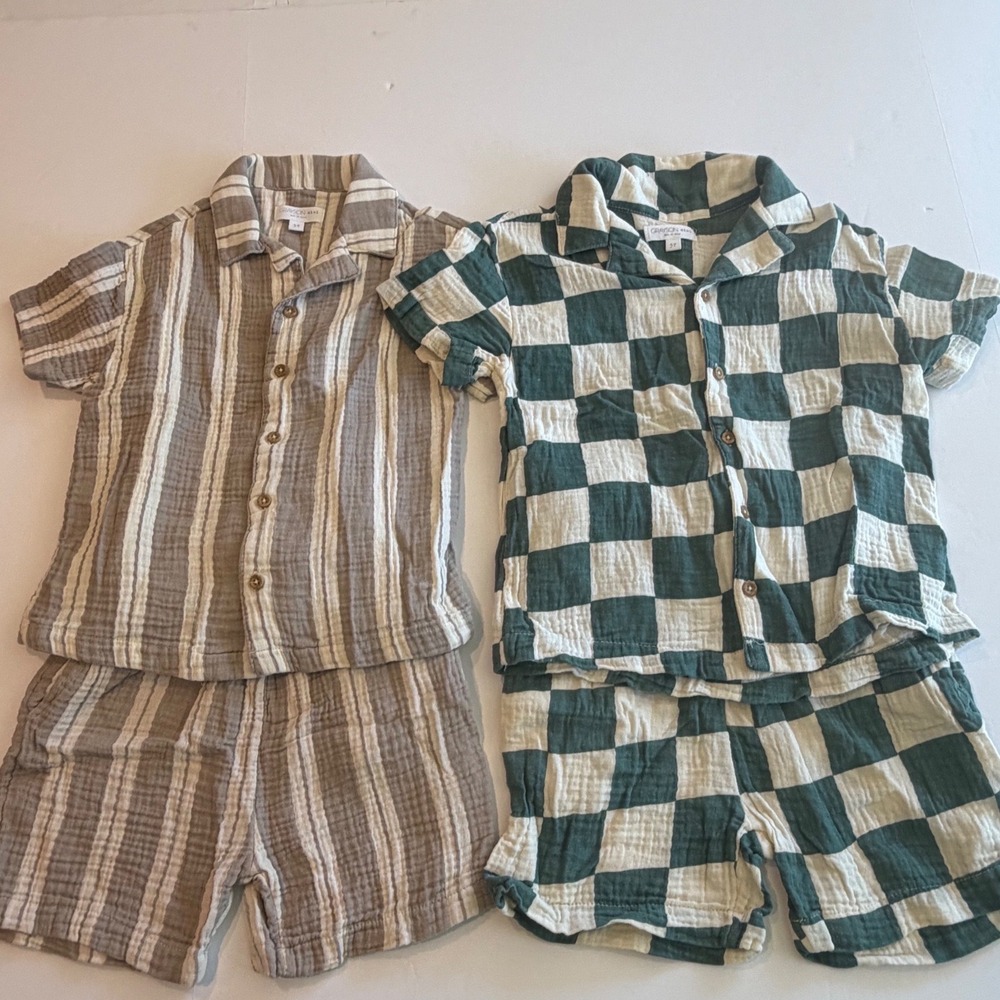 Grayson Mini 5T Cotton Gauze Short Sets Bundle Striped Checkered Green Tan 2pc
